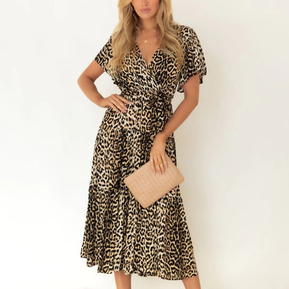 Temperament Swing Leopard Print V-Neck Waist Short Sleeve Dress Wholesale Dresses