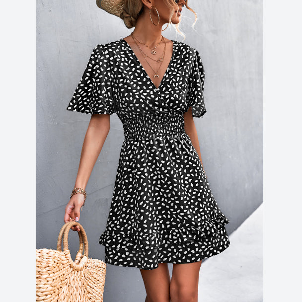 V-Neck Printed Flare Sleeve Ruffles Nipped Waist Resort Dress Wholesale Dresses