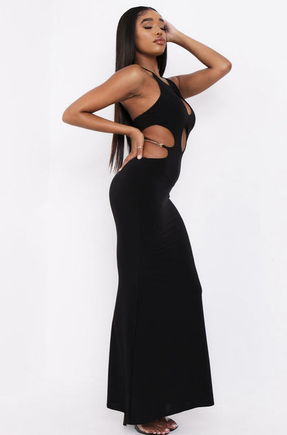 Sexy Hollow Halter Maxi Dress Backless Solid Color  Wholesale Dresses With Metal Waist Chain