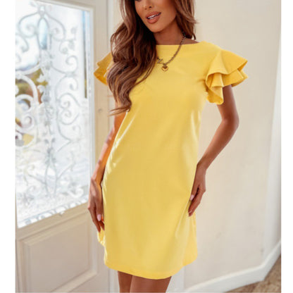 Solid Color O Neck Ruffle Sleeve Casual Dress Wholesale Dresses