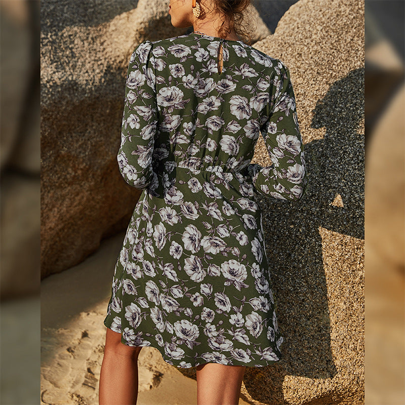 Fashion Floral A-Line Mini Dress Loose Long Sleeve Casual Resort Wholesale Dresses