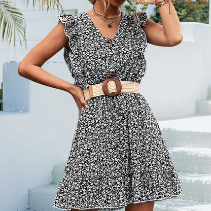 V-Neck Button Ruffled Sleeve Swing Floral Dress Wholesale Dresses