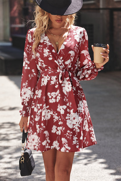 V-Neck Tie-Up Waist Casual Floral Dress Wholesale Dresses