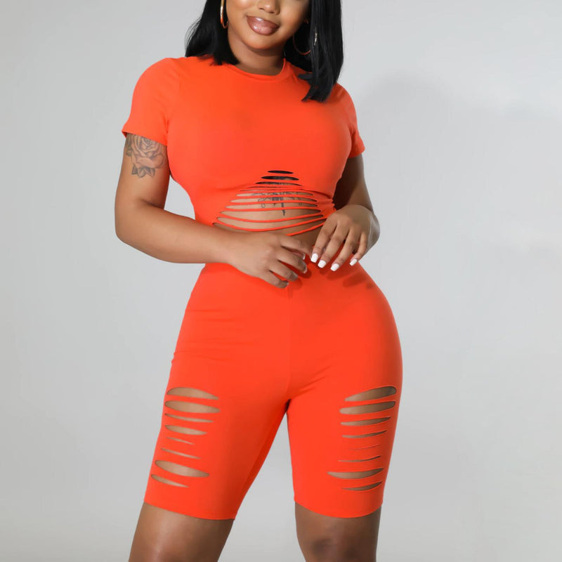 Solid Color Tight Hollow Crop Tops & Shorts Wholesale Women'S 2 Piece Sets