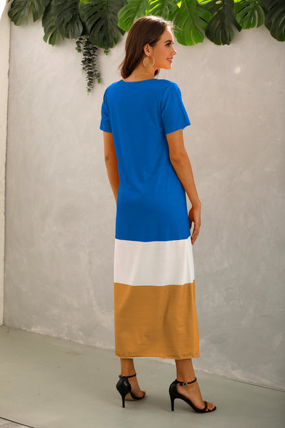 Trendy Colorblock Print Short Sleeve V Neck Midi A-Line Dresses Casual T Shirt Dress Wholesale