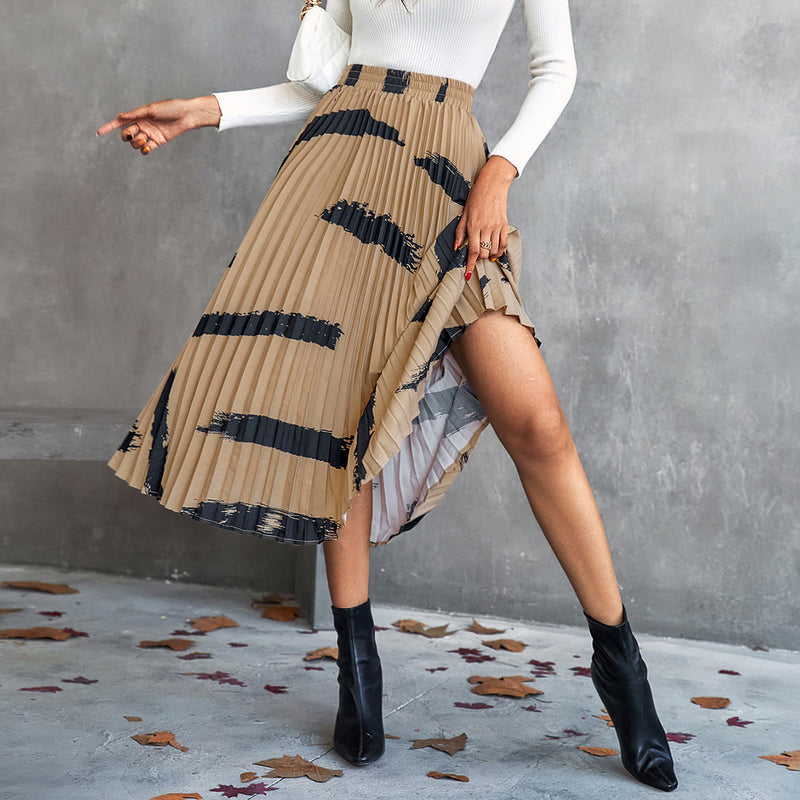 Trendy Irregular Print Contrasting Color A-Line Pleated High Waist Skirt Wholesale Women Bottoms