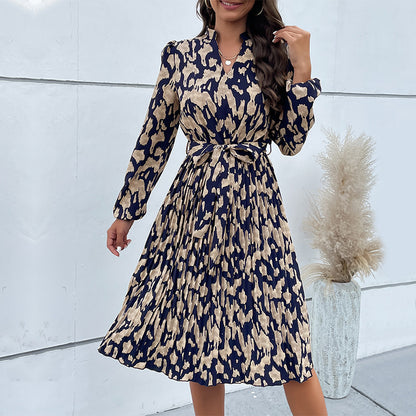 Printed Long Sleeve Tie-Up Swing Pleated Dress Wholesale Dresses