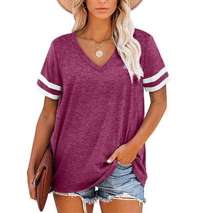 Striped Print Short Sleeve V Neck Wholesale T-shirts Tops Summer