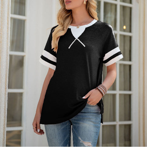 Striped Print Women Fashion Short Sleeve Casual Loose Wholesale T-shirts Tunic Blouses Summer