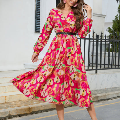 Printed Wrap V-Neck Long Sleeve Pleated Dress Wholesale Dresses