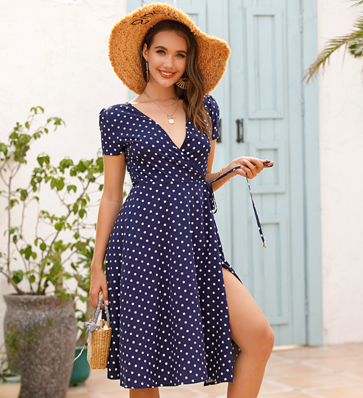 Polka-Dot Printed Chiffon V-Neck Slim Tie Short-Sleeved Summer Dress Wholesale Dresses