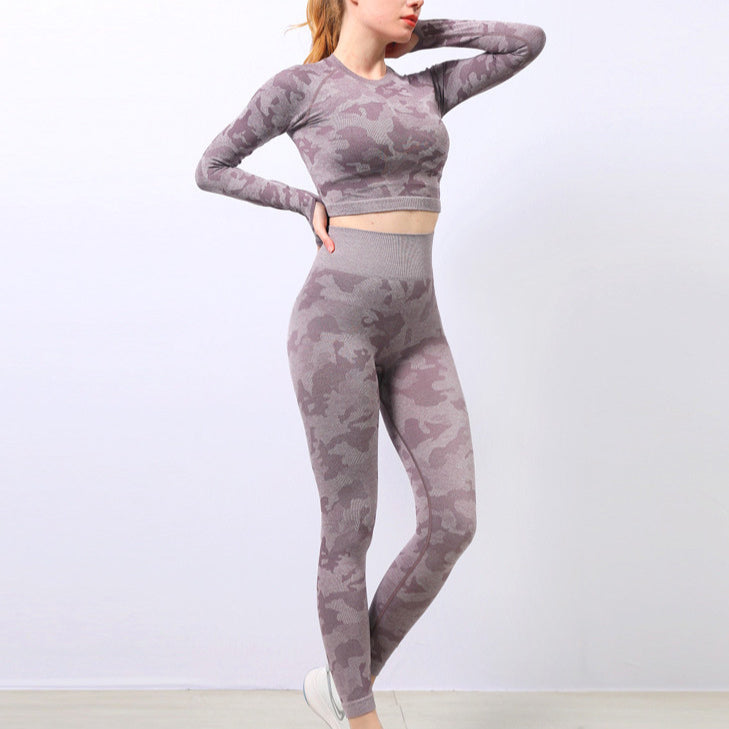 Camo Print Long-Sleeve Tops & Bra & Leggings Yoga Suit Wholesale Activewear Sets