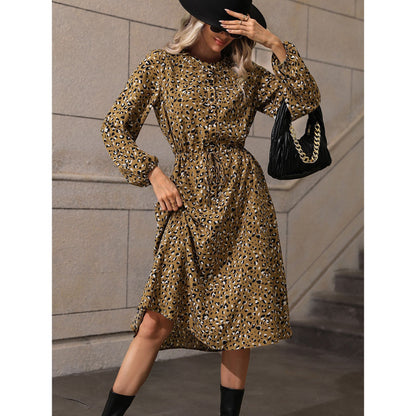 Casual Printed Round Neck Lantern Sleeves Midi Dress Wholesale Dresses