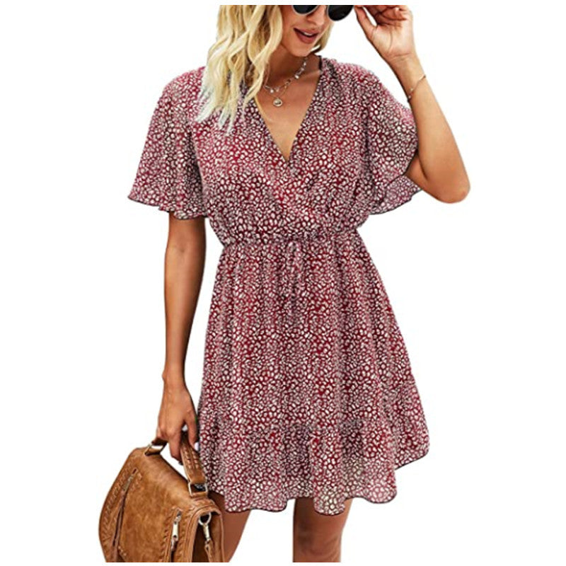 Dot Print Short Sleeve Ruffles V Neck Lace-Up Chiffon Short Flowy Swing Dress Casual Wholesale Dresses