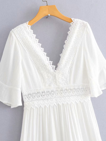 Lace Stitching Short Sleeve V-Neck Open Back Mid-Length White Resort Swing Ruffled Dress Wholesale Dresses