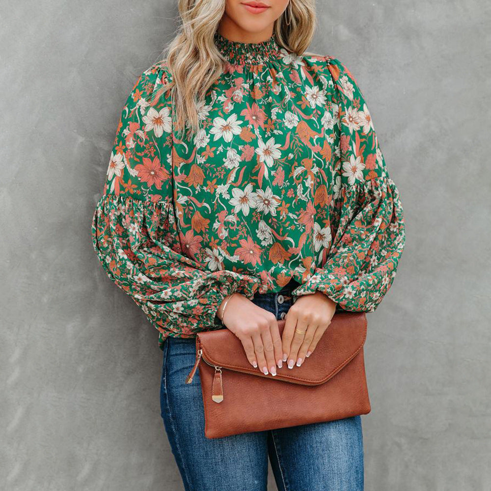 Loose Floral Printed Casual Wholesale Blouse Lantern Sleeves