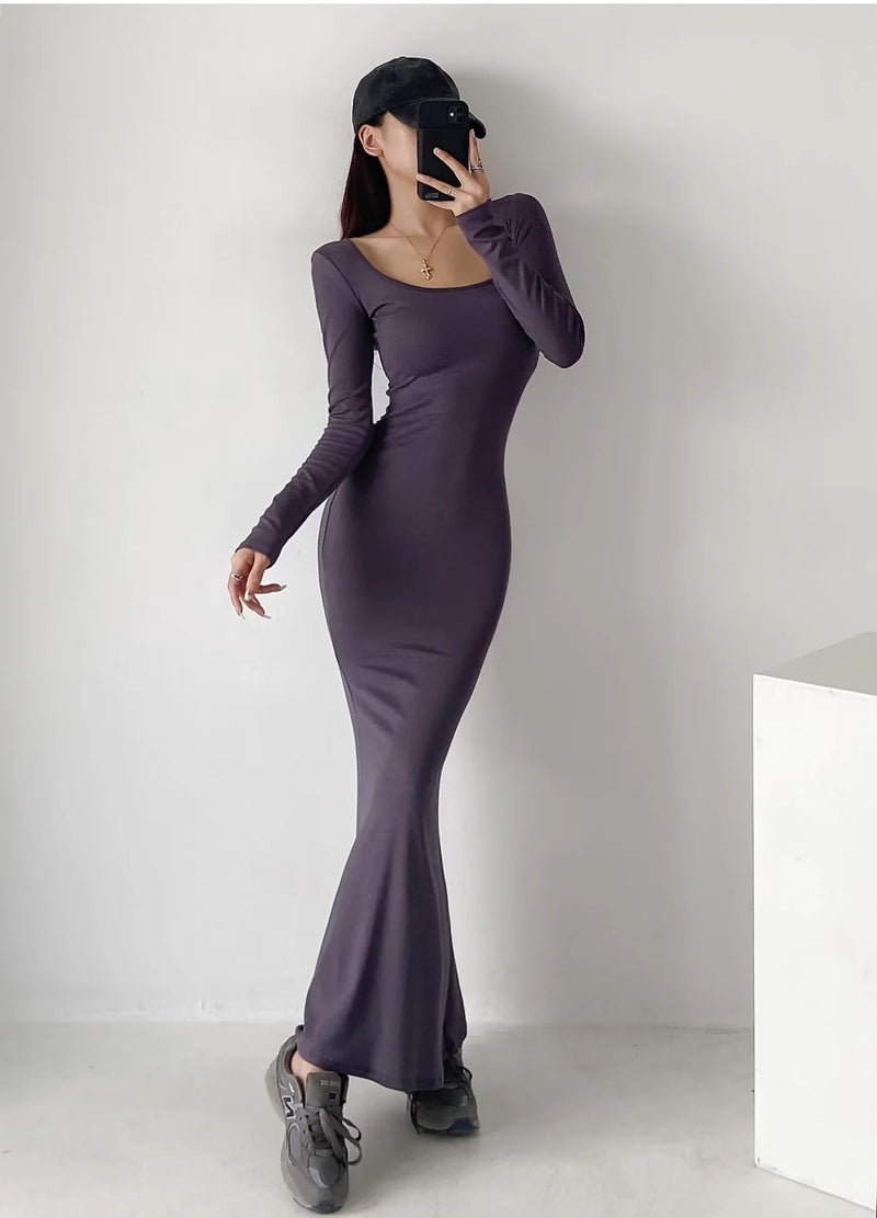 Square Neck Slim Mermaid Long Sleeve Solid Color Maxi Dress Wholesale Dresses