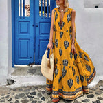 Casual Sleeveless Low Cut Tie Bohemian Print Maxi Dress Wholesale Dresses