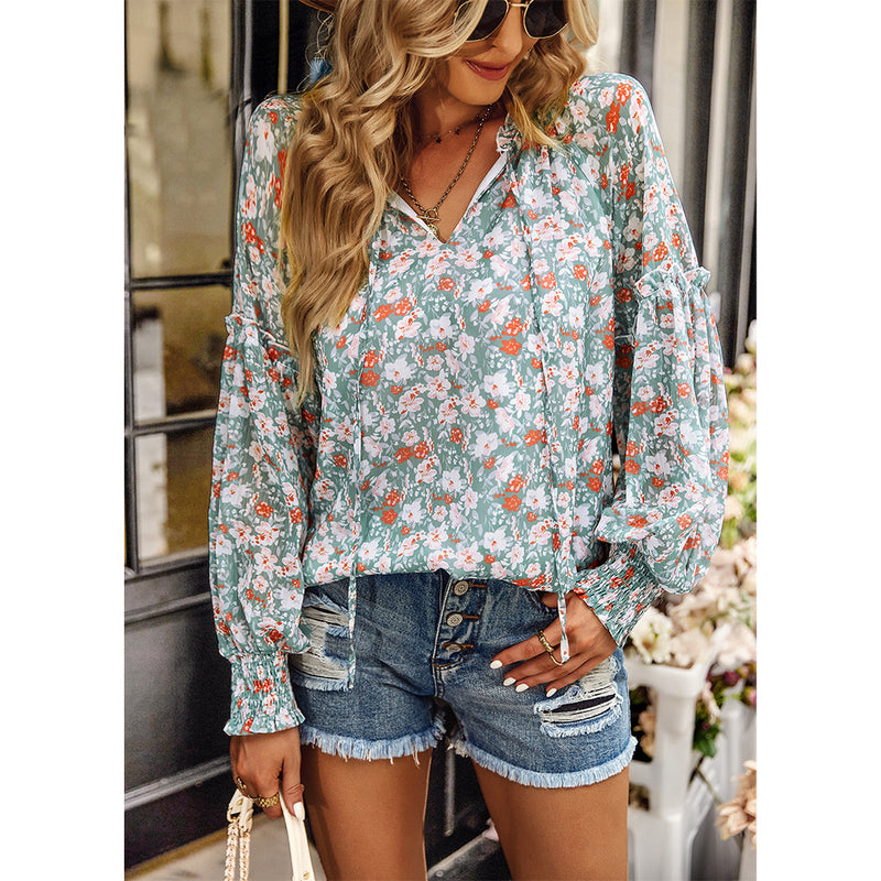 Floral Print Lantern Sleeve Shirt Blouse Wholesale Womens Tops