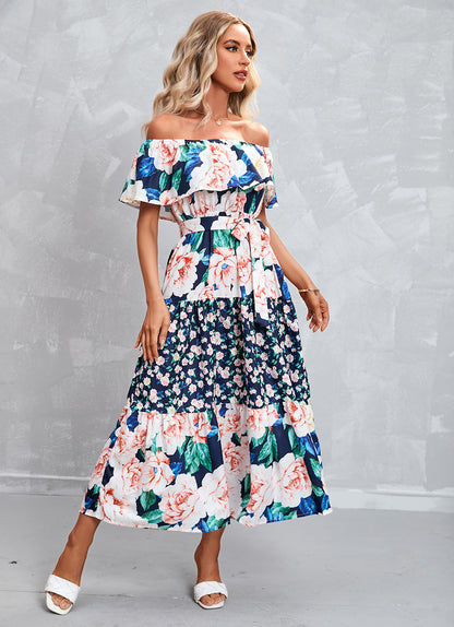 Off Shoulder Floral Print Ruffled Lapel Tie-Up Waist Swing Resort Dress Wholesale Dresses