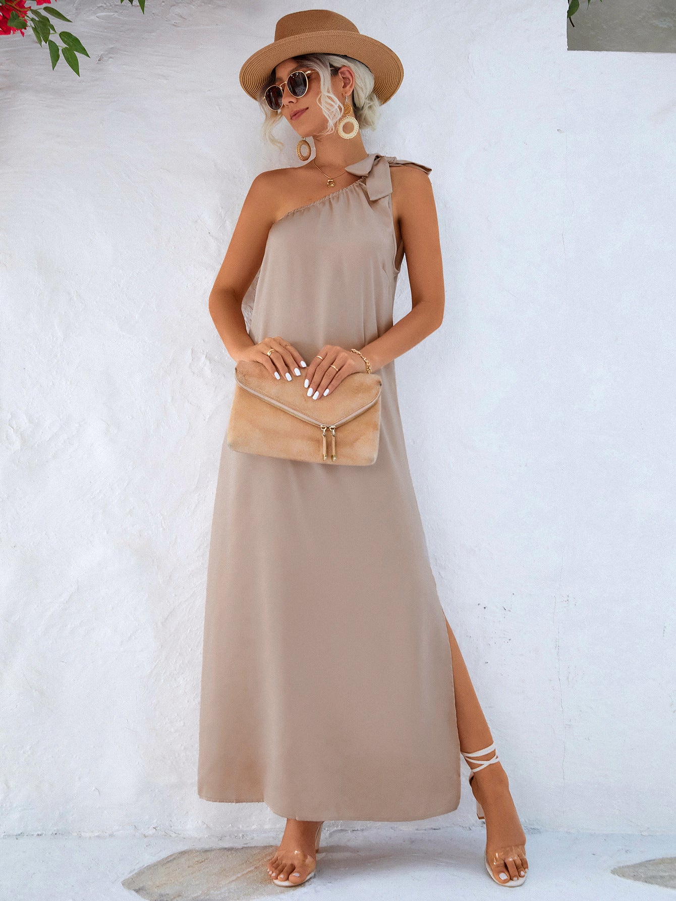 Solid Color Loose Strappy Slit Satin Dress Wholesale Maxi Dresses