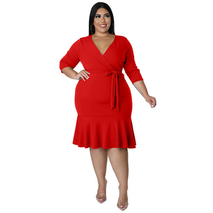 Sexy Ruffle Deep-V Bodycon Women Curvy Dresses Wholesale Plus Size Clothing