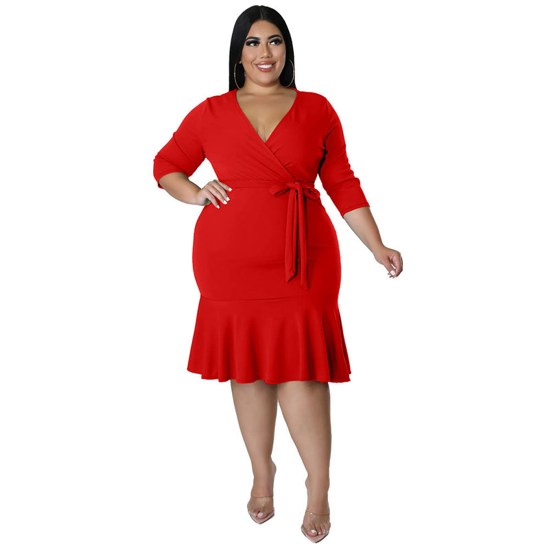 Sexy Ruffle Deep-V Bodycon Women Curvy Dresses Wholesale Plus Size Clothing