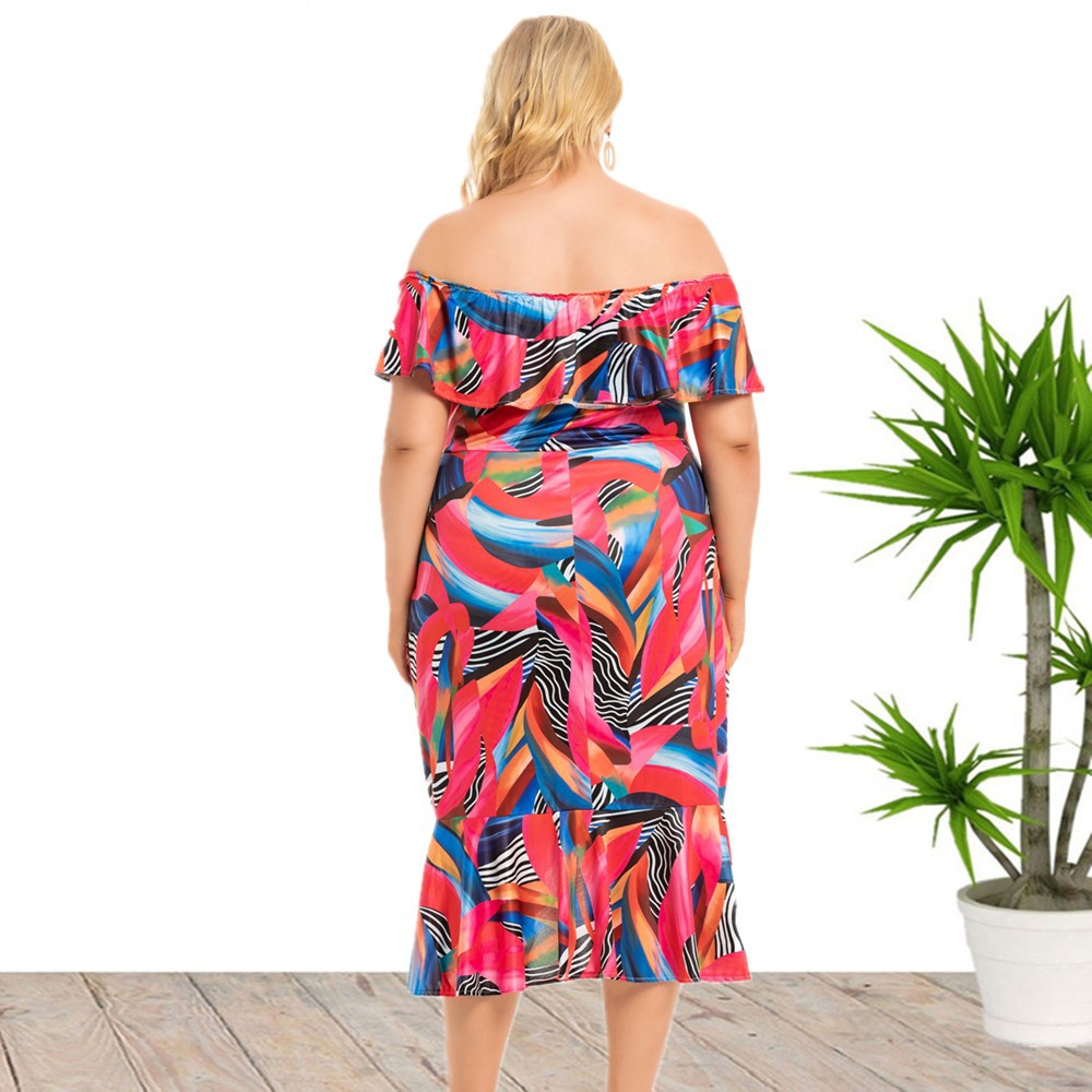 Summer Off Shoulder Short Sleeve Ruffle Printed Curve Dresses Vacation Wholesale Plus Size Clothing