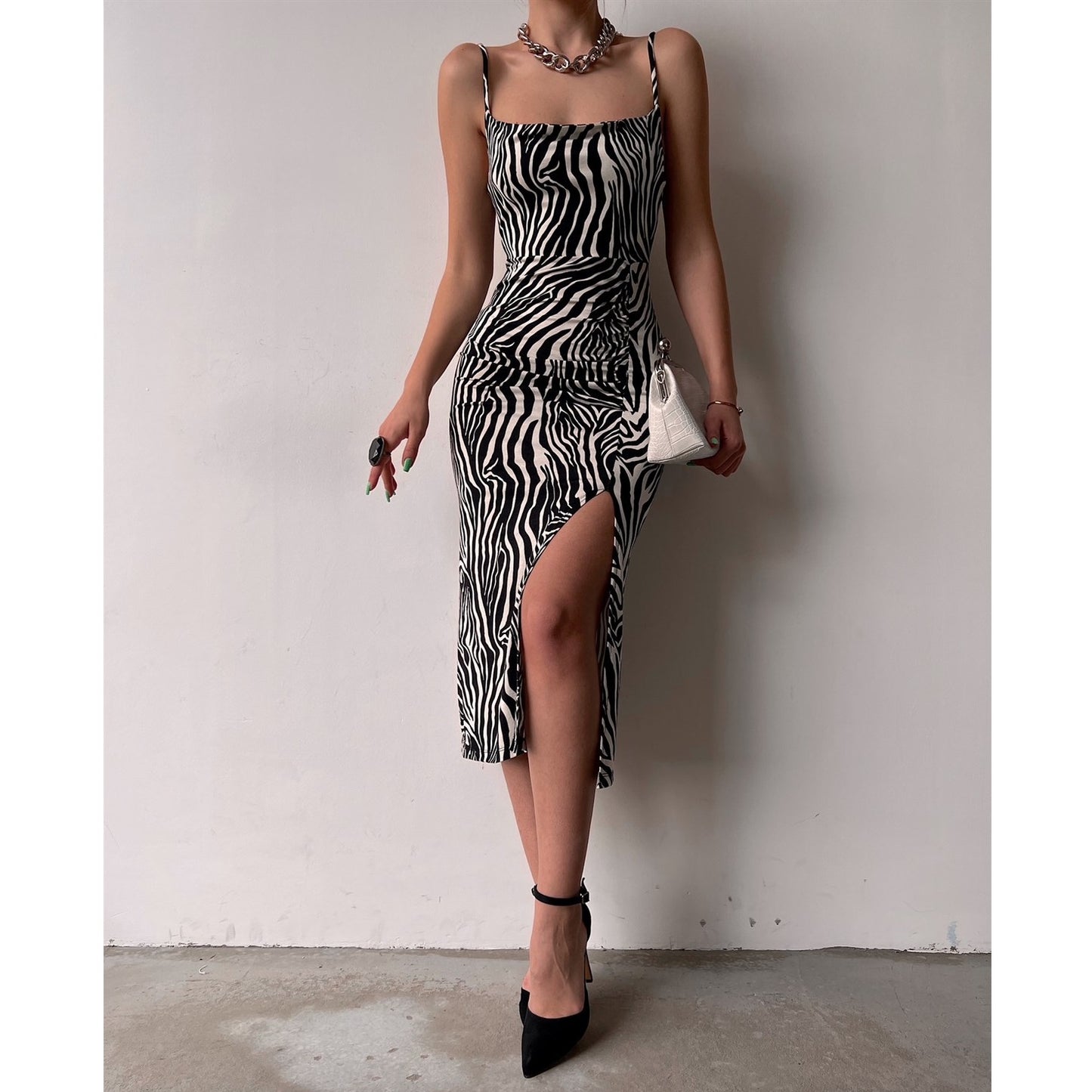 Sexy Suspender Midi Dress Bodycon High Slit Wholesale Dresses