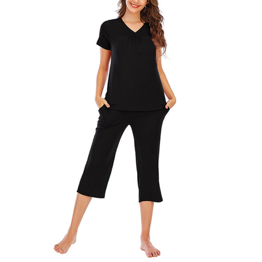 Short Sleeve T Shirts & Cropped Pants Solid Color Modal Sets Loungewear Wholesale Pajamas