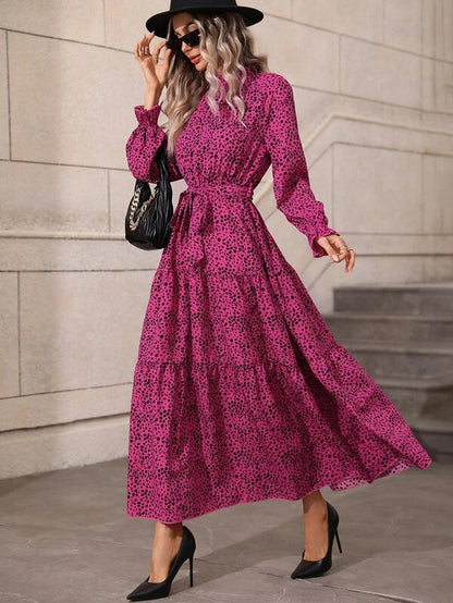 Casual Stand-Up Collar Long-Sleeved Printed Tie-Up Ruffle Swing Midi Dress Wholesale Dresses