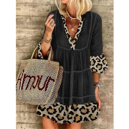 V Neck Leopard Print Mid Sleeve Cotton & Linen Smocked Ruffle Dress Casual Wholesale Dresses