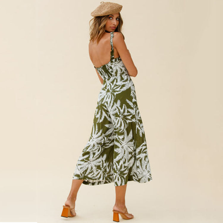 Strap Ruffles Palm Print Sling Midi Wide-Leg Womens Jump Suits Vacation Wholesale Jumpsuits