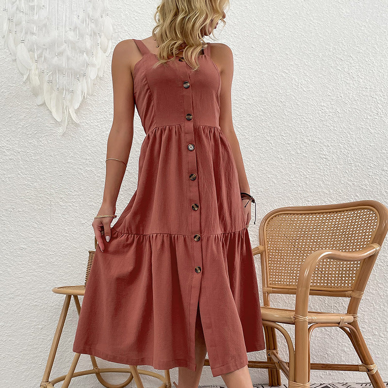 Solid Color Sleeveless Cotton Linen Button Wholesale Swing Dresses