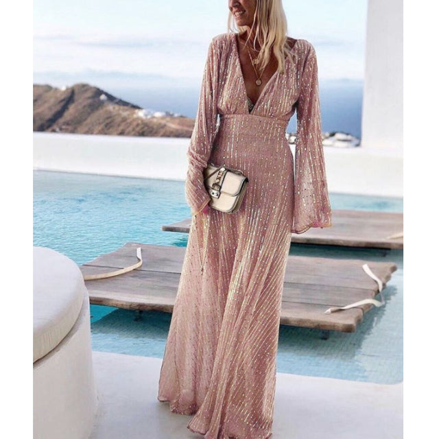 Deep V Neck Sexy Long Sleeve Evening Party Elegant Sequin Dress Wholesale Maxi Dresses