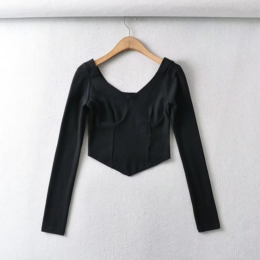 Square Neckline Low Cut Long Sleeves Triangular Hem Slim Fit Crop Top Wholesale Women Top