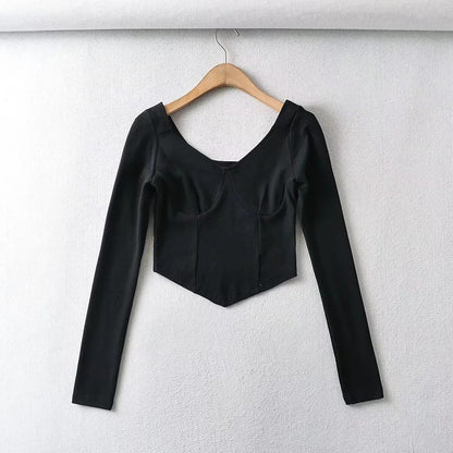 Square Neckline Low Cut Long Sleeves Triangular Hem Slim Fit Crop Top Wholesale Women Top