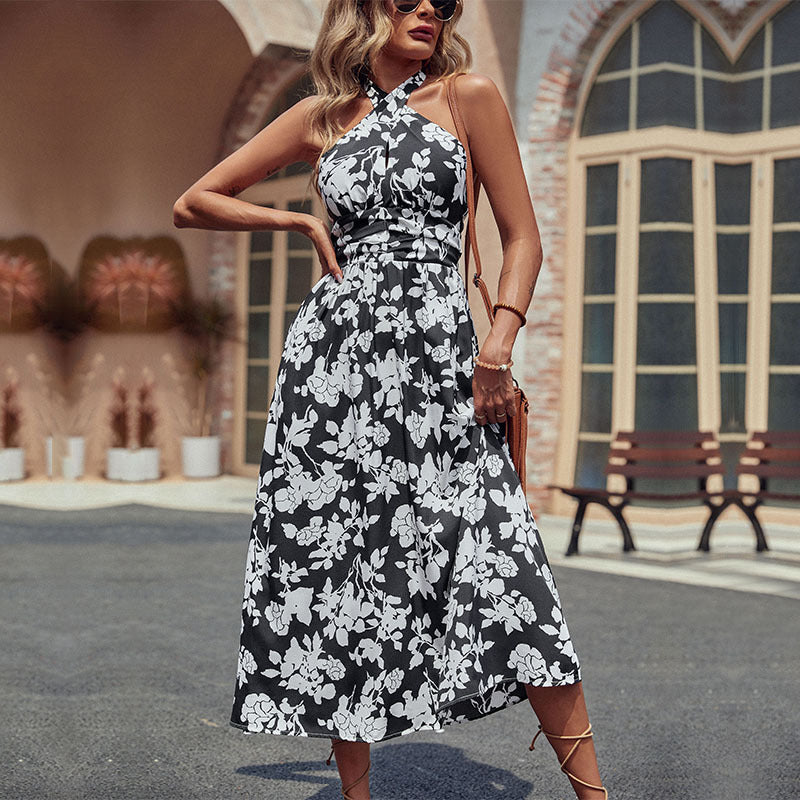 Floral Print Halterneck Sleeveless Wholesale Swing Dresses