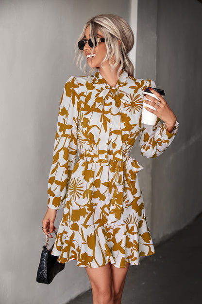 Printed Long Sleeve Elastic Waist Ruffle Dress Wholesale Dresses