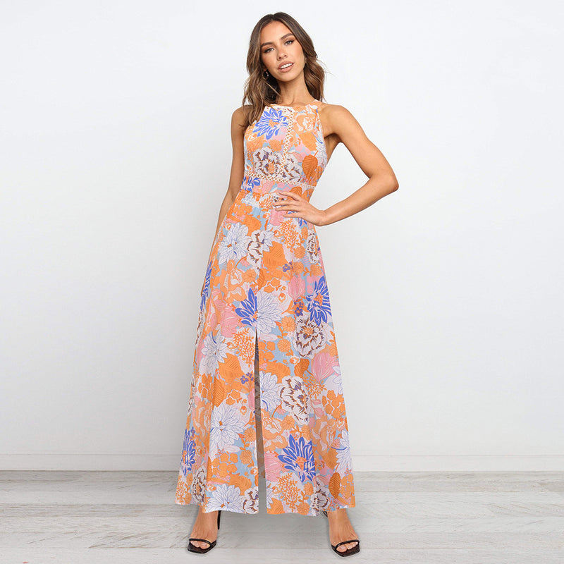 Floral Print Sleeveless High Split Wholesale Maxi Dresses Summer