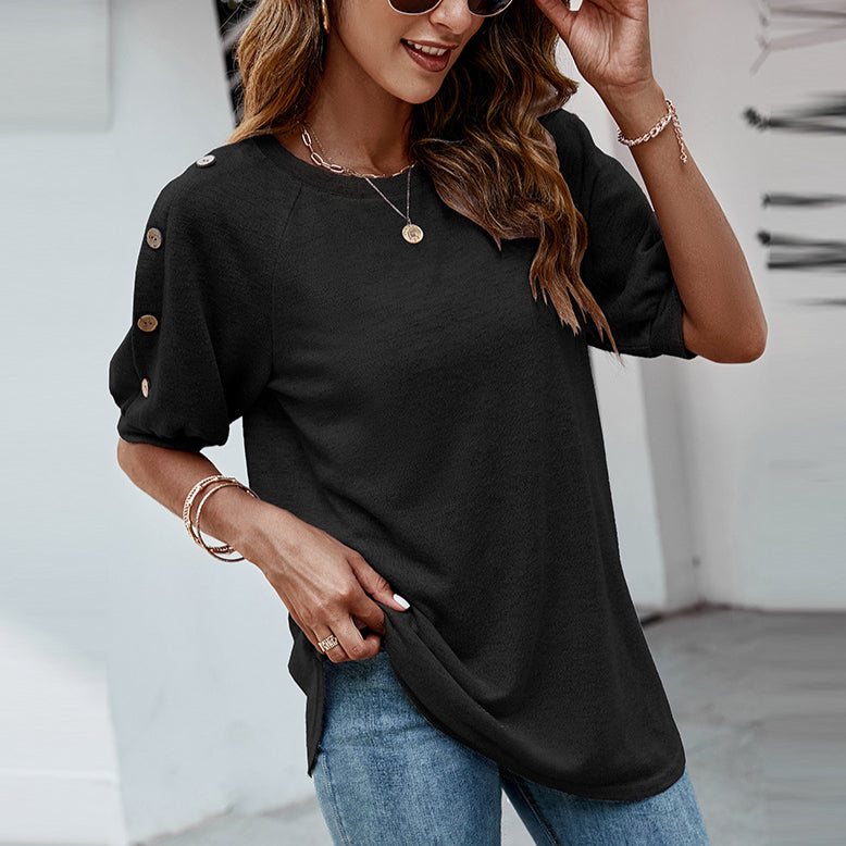 Casual Crew Neck Tops Buttons Decorate Loose Short Sleeve Womens T Shirts Wholesale