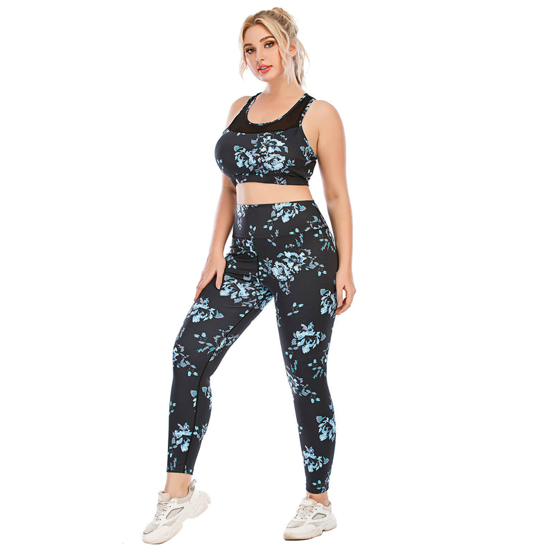 Sport Mesh Bra & Leggings Floral Print Curvy Yoga Fitness Suits Workout Plus Size Two Piece Sets Wholesale