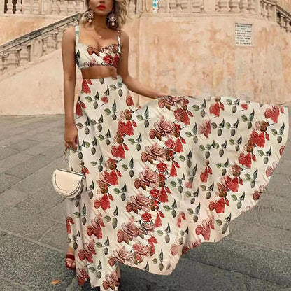 Bohemian Print High Waist Swing Skirt Suspenders Two-Piece Set Wholesale Women Clothing