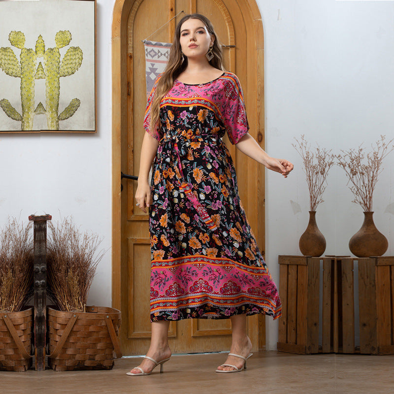 Round Neck Short Sleeve Curvy Bohemian Dresses Wholesale Plus Size Clothing