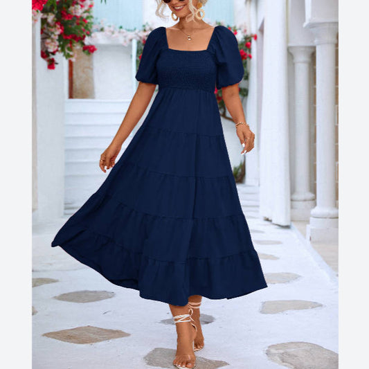 Casual Puff Sleeve Square Neck Swing Smocked Dress Wholesale Dresses