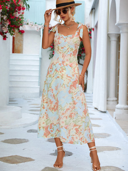 Lace-Up Sleeve Slim Sling Floral Print A-Line Dress Wholesale Dresses