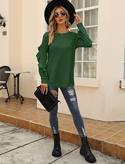 Ruffled Long-Sleeve Crew Neck T Shirts Wholesale Womens Tops