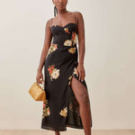 Sling Backless Floral Print Vintage Sundresses Chiffon Slit Midi Dress Wholesale Dresses