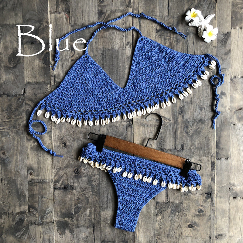 Cotton Woven Hand Crochet Sexy Womens Bikini Shell Split Swimsuit Wholesale Womens Swimwear