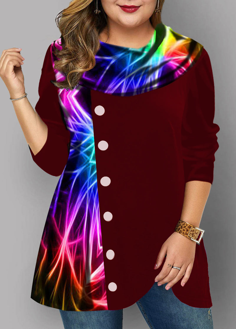 Fashion Rainbow Print Tops Long Sleeve Button Decoration Round Neck T Shirts Wholesale Plus Size Clothing